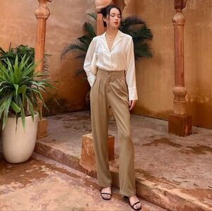 Vintage Schrader Silk Pleated High Waist Trousers Camel Tan Size 10